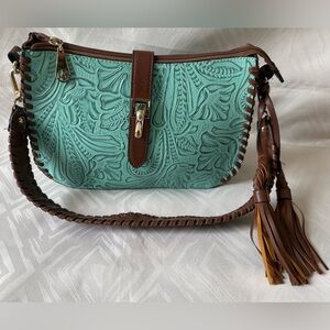 Marc Chantal M.C. Tooled Floral Embossed Shoulder Bag in Teal and Brown
